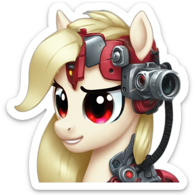 cyborg mlp pony with red mechanical eye prosthesis with camera lens, cyber implants, cyberpunk sticker