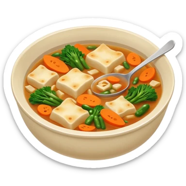 A bowl of Korean soup filled with flat, hand-torn dough pieces that look like irregular paper scraps—soft, uneven, and with natural ragged edges—floating in a light, savory broth with vegetables. sticker