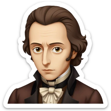 Cinematic Realistic Chopin Portrait Emoji, depicted as an introspective composer with expressive eyes and period attire, rendered with rich textured detail and soft classical lighting that captures his emotive musical genius. sticker