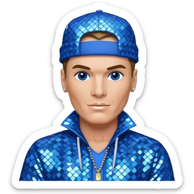 Vanilla Ice with dark blonde hair, blue sequin outfit sticker