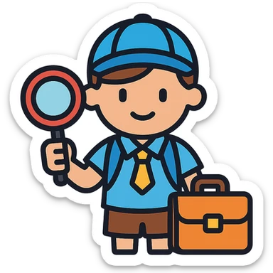schoolboy with a briefcase and a magnifying glass sticker