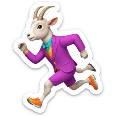 friendly anthropomorphised goat jogging upright in a colourful suit, standard pose sticker