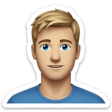 A head and shoulders shot of a 22 year old Caucasian man, with short brown hair,   with blue eyes wearing a t-shirt. sticker