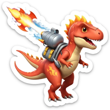 rocket-propelled dinosaur character, cute T-rex, rocket pack on its back, flames and smoke trail, dynamic flying pose, 3D cartoon, mobile game icon style, clean background, no text, no watermark
 sticker