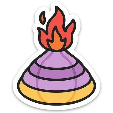 sliced onion stacked to look like a volcano with fire erupting from the top sticker