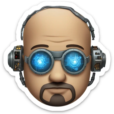Bearded Fat bald cyborg head with brown skin, blue steampunk goggles and circuits sticker