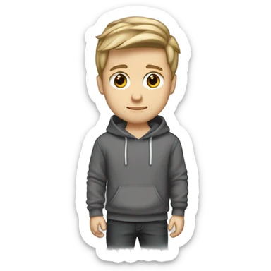 I want you to create a chibi emote, man, White complexion, hairstyle combed forward dark blonde with lighter highlights, sweatshirt beWhite complexion, dark blonde hairstyle with lighter highlights, hoodie  sticker