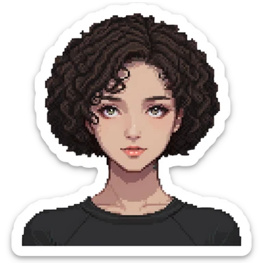 girl with short curly hair parted on the side, dark eyes and light makeup sticker
