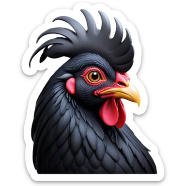Cinematic Noble Black Rooster Portrait Emoji, Poised and regal, with a robust, commanding build and a sleek, well-groomed pure black plumage, deep-set soulful piercing eyes, Simplified yet sharp and sophisticated features, highly detailed, glowing with a soft, dignified glow, high shine, intelligent and proud, stylized with an air of mysterious majesty, focused and attentive, soft glowing outline, capturing the essence of a watchful and confident leader, so majestic it feels as though it could crow out of the screen with effortless authority! sticker