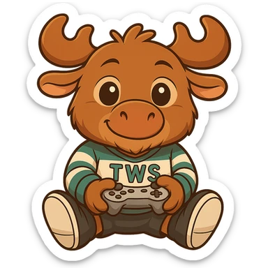 Make the chibi moose look a bit older with subtle signs of age such as a more mature face, slightly larger body proportions, and a confident expression. Keep the game controller, shoes, and 'TWS' hockey jersey. Maintain the cute chibi style with no background. sticker
