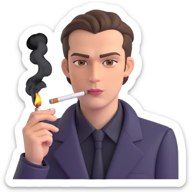 a guy with hazel eyes and slicked back brown hair stay with a lighter and a cigarette in his mouth with a sly expression on his face sticker