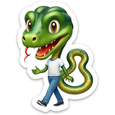 friendly anthropomorphised snake in jeans and a t-shirt, walking with a smile sticker