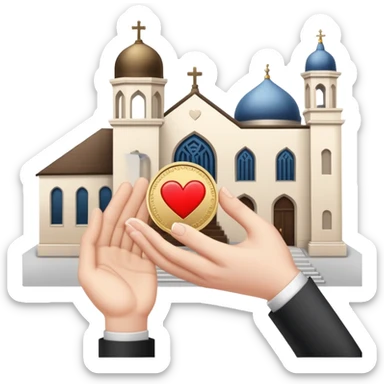 A hand receiving a coin with a heart, with a synagogue and people receiving help in the background. sticker