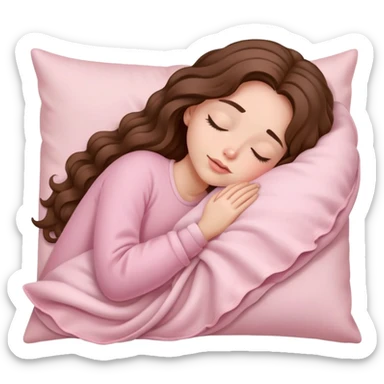 A girl with long wavy hair sleeps on a pale pink pillow and is covered with a pale pink blanket sticker
