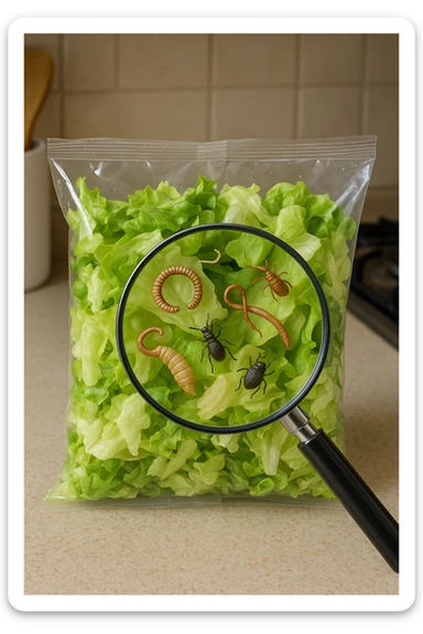 Insalata in busta ricca di pa transparent plastic bag of pre-washed salad sits on a kitchen counter. Through the bag, small, detailed images of various parasites (such as worms, larvae, or microscopic bugs) are visible among the lettuce leaves. A magnifying glass hovers over the bag, enlarging the parasites for emphasis. The mood is cautionary and educational.arassiti sticker