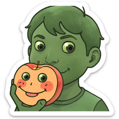 Pale boy holding a juicy peach sticker