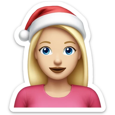 Beautiful blonde blue eyed woman, pink lips, wearing santa hat, wearing red top sticker