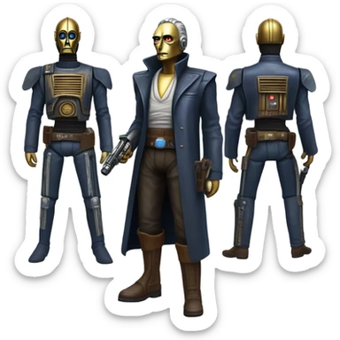 bounty hunter tarnished undercover tough well-equipped Jedi  life-sized darkblue-pearl C3po leather vest clothing pants and vest old west duster coat holding light saber sheriff holstered gun sticker