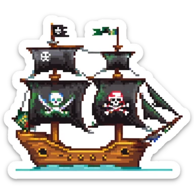 A pirate ship with black sails and flag sticker