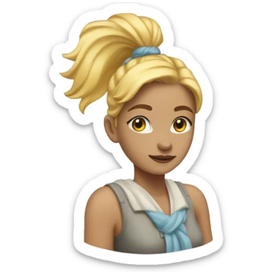 a young woman with very light beige skin, light blue eyes, yellow colored hair that's tied up back in a high ponytail, and a liht blue dreson sticker