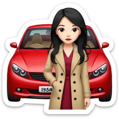 A fast, expensive black car with a young woman beside it The young woman has long black hair, wears a beige formal coat, and underneath is a cherry-colored dress. With expensive blak caaar sticker