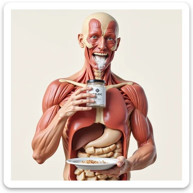 anatomically correct, hyperrealistic 4K image of a human body eating Celtic salt from a clearly labeled jar during breakfast, neutral clear background, medical illustration style sticker