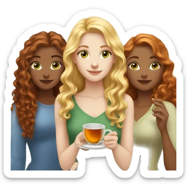 Three fair-skinned girls, a blonde with curly hair and gray eyes, a redhead with green eyes and long hair and a brown-haired woman with long hair and blue eyes are drinking tea sticker