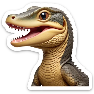 Cinematic Realistic Cute Yawning Monitor Lizard Portrait Emoji, Head tilted slightly with a dramatic, wide-open yawn, showcasing a soft, textured scaled hide with subtly drooping features and half-closed, drowsy eyes, rendered with meticulous natural detail and warm shadows, high shine, relaxed yet expressive, styled with a dash of desert charm, soft glowing outline, capturing the essence of a sleepy yet affectionate monitor lizard that appears ready to stretch out for a restful nap! sticker