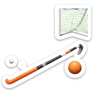 A field hockey stick and ball on a vibrant green grass field, with goalposts and clear field markings in the background. The scene emphasizes the bright, lush grass, highlighting the fast-paced and strategic nature of hockey on a well-maintained pitch. sticker