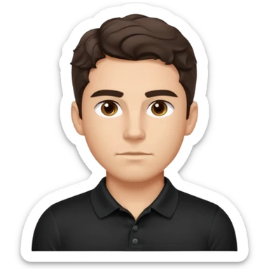 He’s a man with light to medium skin, a defined oval face, full brows, deep-set eyes, and wavy short dark brown tall hair styled with height, sides are trimmed. muscular. expression calm and focused relaxed black polo shirt. polished, articulate, and coach vibe. tall hair.  sticker