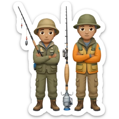 Father and son in fishing gear, arms crossed because they are cold full body sticker