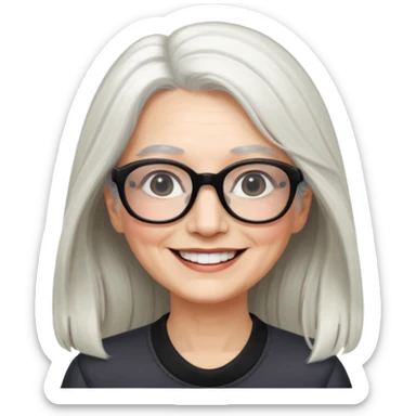 femme 60ans  avec de long cheveux blanc et des lunettes rectangles noir sourrir sticker