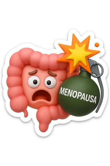 EMOJI STILE IPHONE 3D DI INTESTINO 3D CON ESPRESSIONE SPAVENTATA IN VOLTO MENTRE ACCANTO A LUI SCOPPIA UNA GRANATA 3D CON LA SCRITTA "MENOPAUSA" SOPRA, FAGLI ANCHE LA PARTE BIANCA DEGLI OCCHI, NON SOLO LA PUPILLA sticker