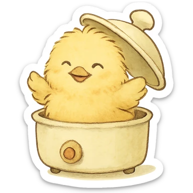 ghibli style chibi chick fluffy soft emerging from egg cooker lid smiling soft yellow palette full-body sticker