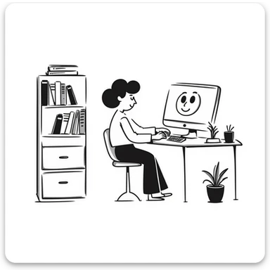 Home office with desk, computer and bookshelf sticker
