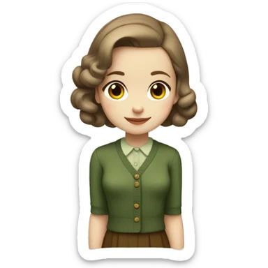 Very young girl with pale skin, straight, warm brown, short hair in a bob style, a brown 1940s dress with an earthy green cardigan sticker