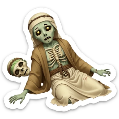 fullbody zombie leper laying on the ground, torn head wrap, exposed bones, simple Jesus-era robes sticker