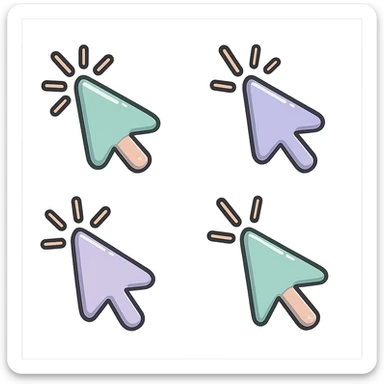 mouse cursor in icon-color-outlined style with shadows and highlights, thin clean contours, soft rounded shapes, pastel palette #98B5BC, #B5B3C1, #C9A3C9, #E4C0CA, #F7DCD1, #F7C0AA, modern Japanese pop art and sticker aesthetic, soft lighting, transparent background, cursor appearing to click with flash effect, multiple pose and angle variations sticker