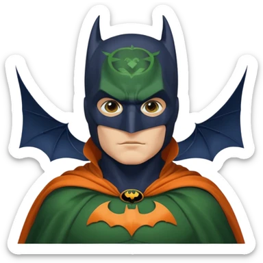 generate a batman emoji with just the face and neck showing and part of the cloak and and wings. Shade the bat logo on the chest in a medium green with a slight olive touch. Shade the mask in dark navy blue. Shade the cloak in a solid vibrant orange.

 sticker
