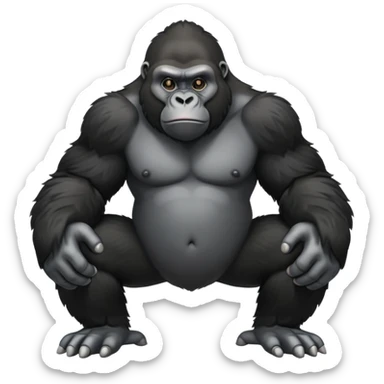 cinematic-friendly relaxed gorilla-realistic-full-body-crouched on all fours on knuckles-emoji,-poised-with-confidence,-massive-arms-hanging-slightly-forward,-head-tilted-thoughtfully,-thick-black-fur,-deep-dark-eyes-full-of-intelligence,-simplified-yet-realistic sticker