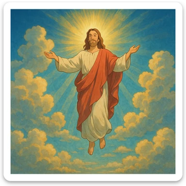 Ascension Day, Jesus ascending into the sky with clouds and rays of light, peaceful and uplifting, ghibli style sticker