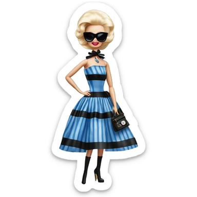 Blonde Silkstone Marie Antoinette Barbie enid sinclair from academy in a blue and black vertically-striped classic dress. riding hot rod bikes with crows sticker