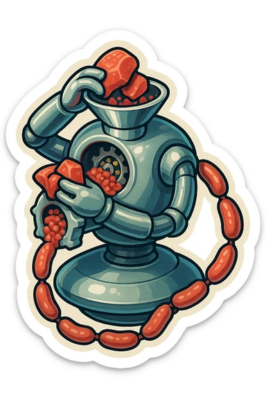 hovering robot. stuffs material into large hole on its top with 2 arms. no head. hole is where a head would be. spinning gears and blades in hole grind red chunks. sausage links come our of hole on backside.  3/4 view. between realism and cartoon. well lit. no dramatic lighting. metallic shiny robot. works diligently. dark humor sticker