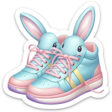 Cute Kawaii Shoe, small and bouncy, soft pastel sneakers with glowing highlights, cute sparkling eyes, a happy cheerful expression, laces tied like bunny ears! sticker