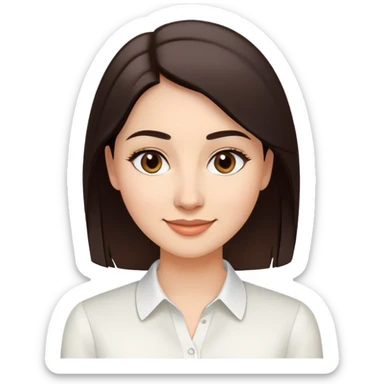 Young woman in her 30s with light skin, oval face, soft features, large dark brown eyes, medium eyebrows, small nose, friendly smile, long straight dark brown hair, wearing a white elegant blouse sticker
