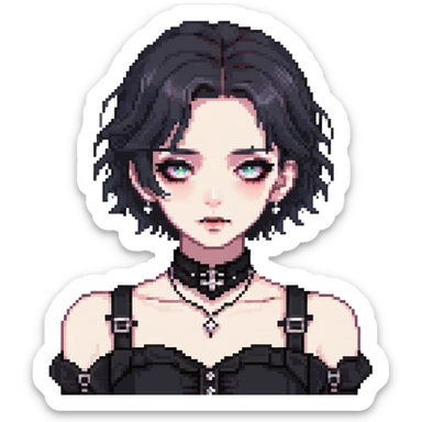gothic femboy with wide shoulders, small chest, dark clothes and makeup sticker