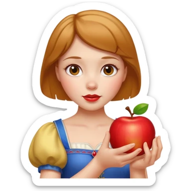 Create an emoji of Snow White holding a red apple, with short golden-brown hair. sticker