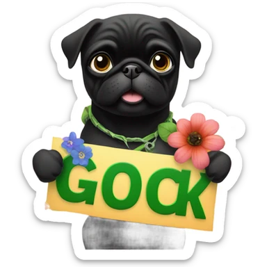 Black pug , surrounded by flowers, holding a green sign that says “good luck”  sticker