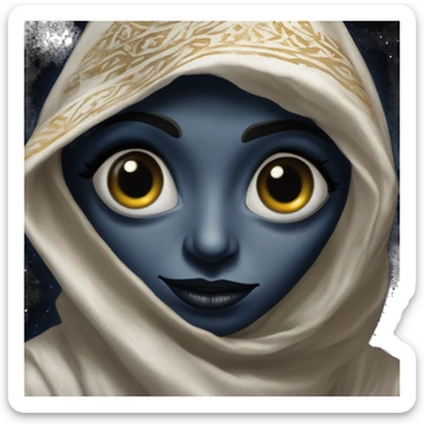 Mysterious ET in Aladdin style, oil paint, black eyes, intricate lips, masterpiece portrait, beautiful, desirable, logical, Arabic sticker