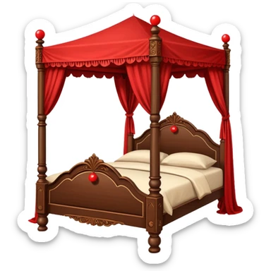 Wooden four poster bed with canopy handing small red balls on edge  sticker
